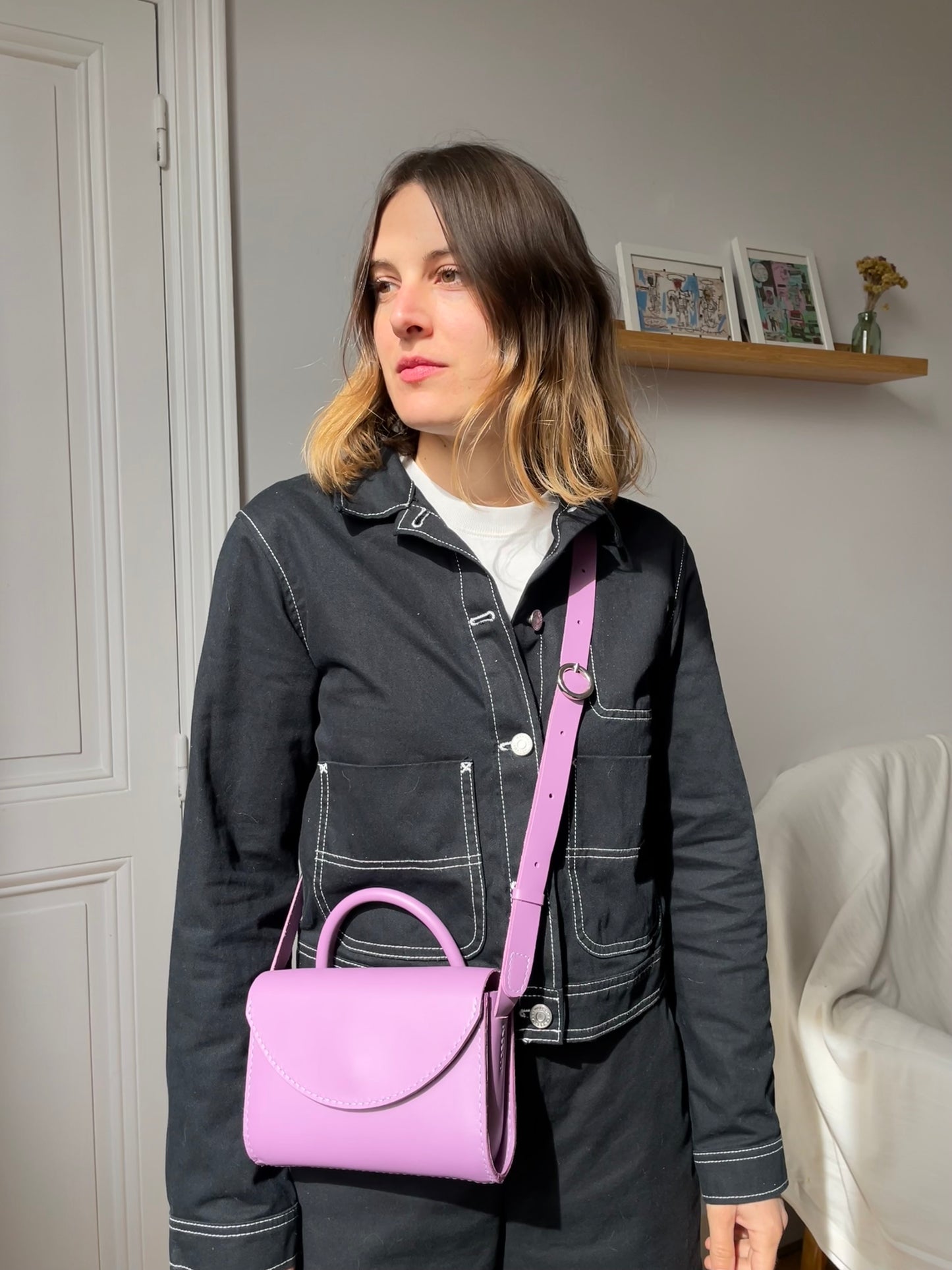 Sac Camélia - Bandoulière + poignée / Cuir Mauve